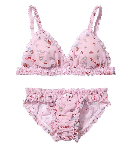 Super Cute Women's Comfortable Chiffon Ruffles Trim Pink Bra & Panties Set Japanese Bikini Inner Wear Intimates PINK Lolita