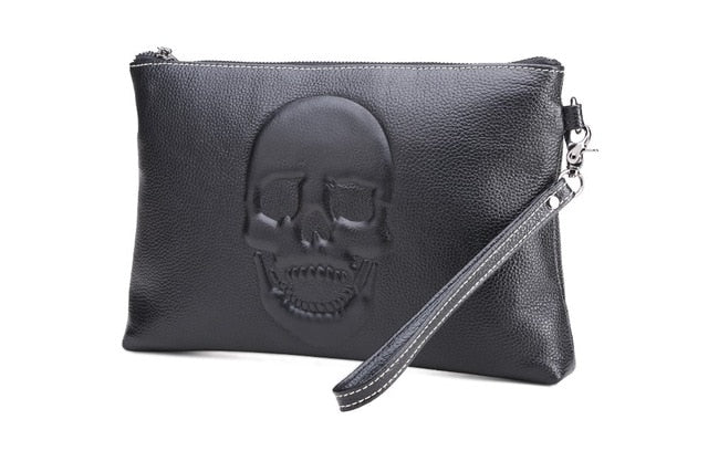 Luxury brand genuine leather men bag men envelope clutch bag skeleton skull black luxury handbag big purse men bag gift