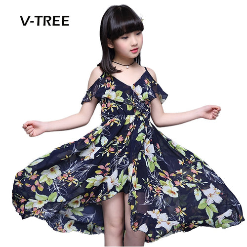 V-TREE Summer Girls Clothing Chiffon Flower Girls Dress Kids Children Teenagers Dress beach 10 11 12 Years Girls Clothing