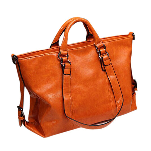 PU oil leather women bag portable solid tote large shoulder bags cross body women bag -Orange