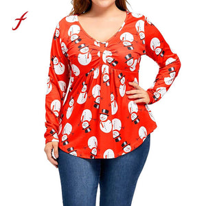 feitong Women t shirt Plus Size V-Neck Long Sleeve Christmas Snowman Ruched Plus Size T-shirt Tops Plus Size tshirt women