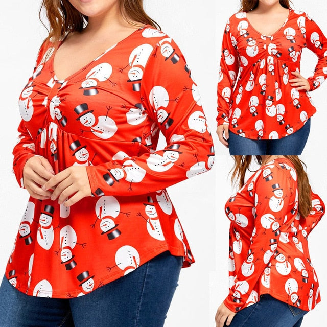 feitong Women t shirt Plus Size V-Neck Long Sleeve Christmas Snowman Ruched Plus Size T-shirt Tops Plus Size tshirt women