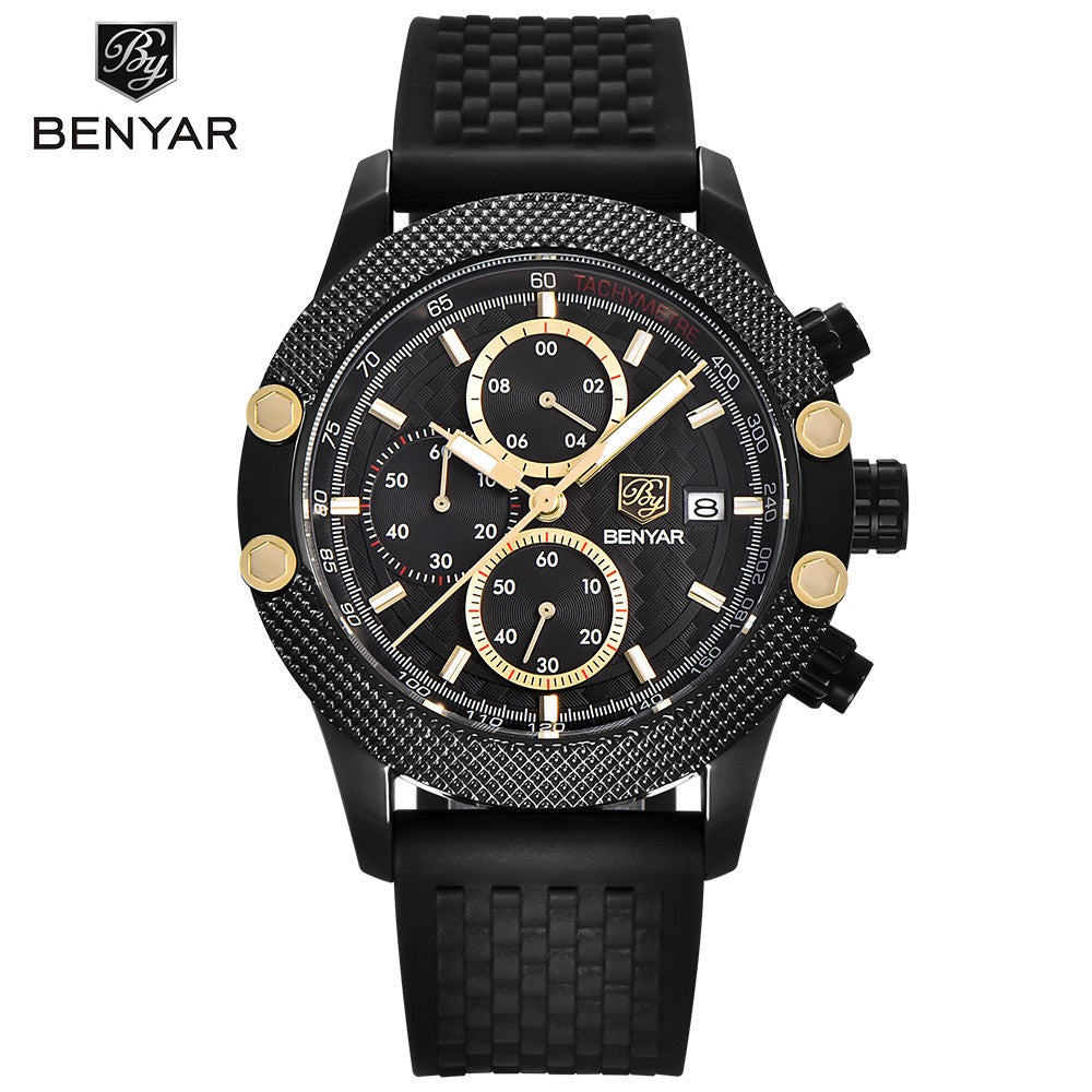 Men Watch, Exquisite Multifunctional Men Watch Black Silicone Strap Black Dial Wrist Watch, Best Gift for Men