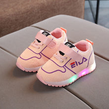 Load image into Gallery viewer, Cartoon infant tennis sports baby sneakers Hook&amp;Loop fashion cute baby shoes boots LED elegant glitter girls boys footwear