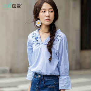 INMAN 2019 Korean Style New Products  Spring V-Neck  Embroidered  Striped  Shirt