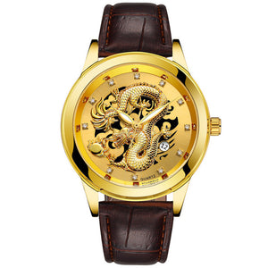 DISU Men Watch Gold Dragon Sculpture Luxury Leather Quartz Watch men watch Waterproof Wristwatch Mens