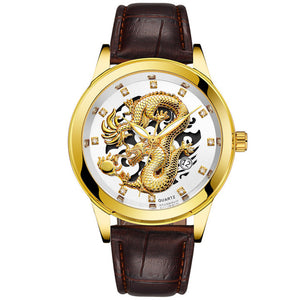 DISU Men Watch Gold Dragon Sculpture Luxury Leather Quartz Watch men watch Waterproof Wristwatch Mens