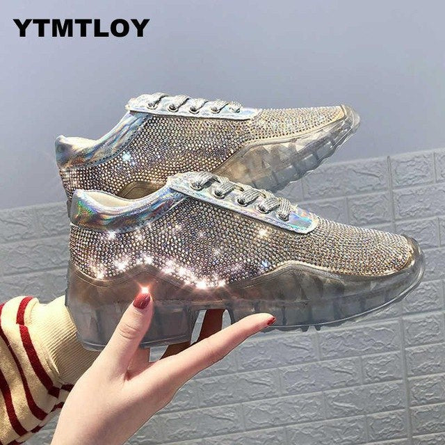 Transparent Women Glitter Platform Sneakers Fashion Women's Chunky Shoes Triple Sole Metallic Sequins Bling Footwear Crystal