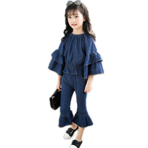 Spring Princess Teenage Girls' Clothing Sets Kids Girls Clothes Denim Flare Sleeve T shirt +Pants 2pcs Jeans Girls Clothing Sets