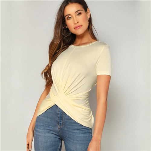 Sheinside Criss Cross Wrap Front Knot Back Tee Shirt Femme Summer Top 2019 Apricot Slim Fit Elegant Solid Womens Tops and Tees