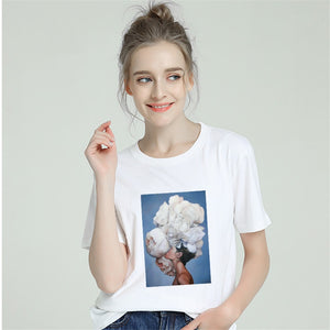 Harajuku Aesthetics Flower Sexy Girl Feather Cotton Female Tshirt Women 2019 Modis Plus Size T Shirt Print Short Sleeve Top Tees