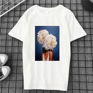 Harajuku Aesthetics Flower Sexy Girl Feather Cotton Female Tshirt Women 2019 Modis Plus Size T Shirt Print Short Sleeve Top Tees