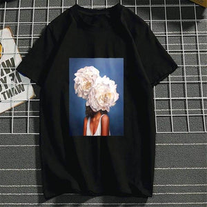 Harajuku Aesthetics Flower Sexy Girl Feather Cotton Female Tshirt Women 2019 Modis Plus Size T Shirt Print Short Sleeve Top Tees