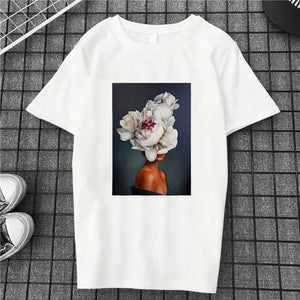 Harajuku Aesthetics Flower Sexy Girl Feather Cotton Female Tshirt Women 2019 Modis Plus Size T Shirt Print Short Sleeve Top Tees