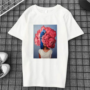 Harajuku Aesthetics Flower Sexy Girl Feather Cotton Female Tshirt Women 2019 Modis Plus Size T Shirt Print Short Sleeve Top Tees