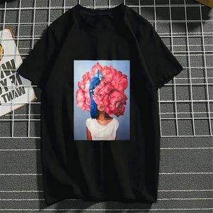 Harajuku Aesthetics Flower Sexy Girl Feather Cotton Female Tshirt Women 2019 Modis Plus Size T Shirt Print Short Sleeve Top Tees