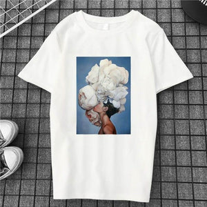 Harajuku Aesthetics Flower Sexy Girl Feather Cotton Female Tshirt Women 2019 Modis Plus Size T Shirt Print Short Sleeve Top Tees