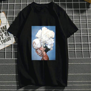 Harajuku Aesthetics Flower Sexy Girl Feather Cotton Female Tshirt Women 2019 Modis Plus Size T Shirt Print Short Sleeve Top Tees