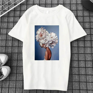 Harajuku Aesthetics Flower Sexy Girl Feather Cotton Female Tshirt Women 2019 Modis Plus Size T Shirt Print Short Sleeve Top Tees