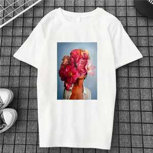 Harajuku Aesthetics Flower Sexy Girl Feather Cotton Female Tshirt Women 2019 Modis Plus Size T Shirt Print Short Sleeve Top Tees