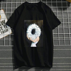 Harajuku Aesthetics Flower Sexy Girl Feather Cotton Female Tshirt Women 2019 Modis Plus Size T Shirt Print Short Sleeve Top Tees